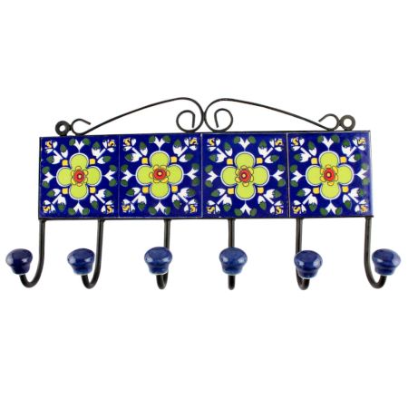 Ceramic Floral Tile Hook in Navy Blue